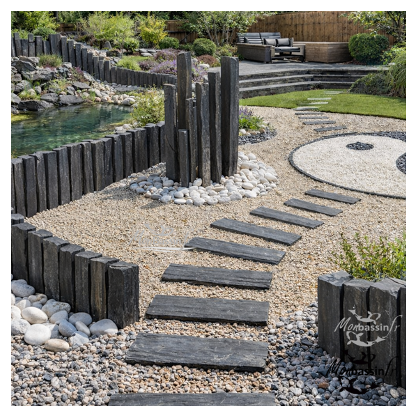 Jardin complet avec barres ardoises paysagère