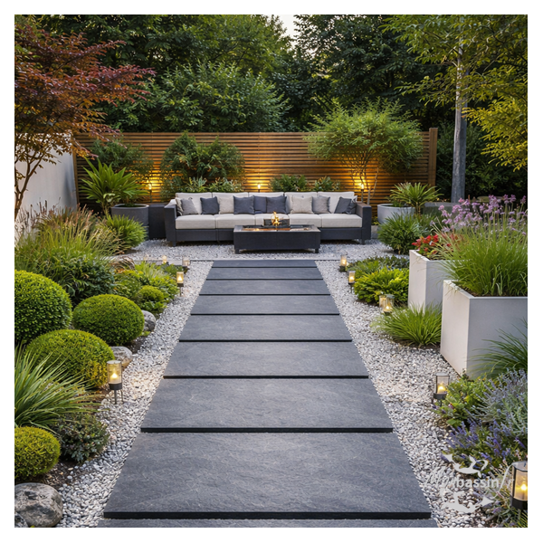 idée allée mise en place pierre plate ardoise moderne jardin