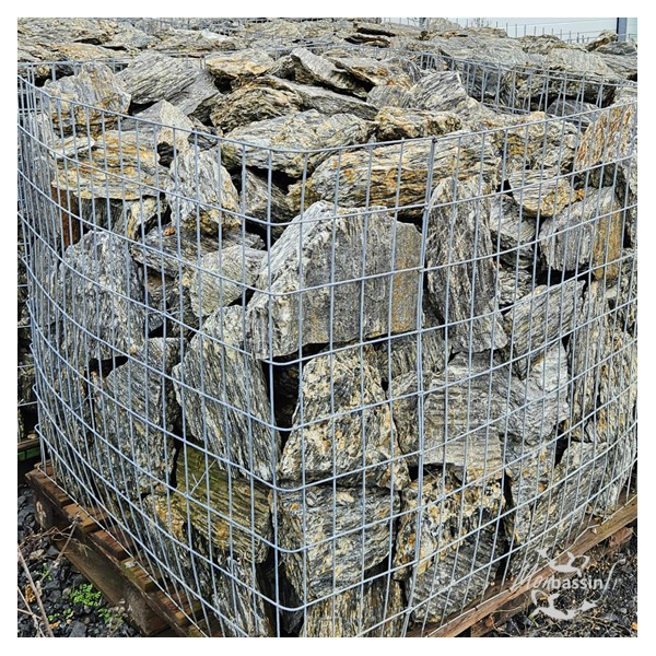 Roches Woodstone gneiss 100/120 mm vue cage complète enrochement strié gris ocre MonBassin
