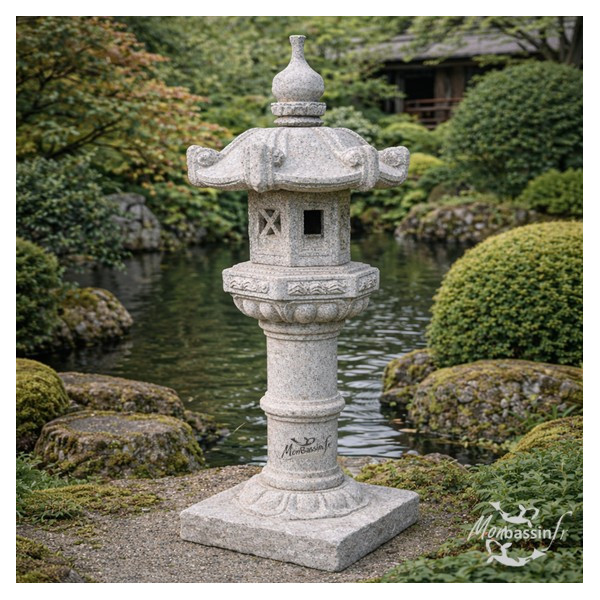 Lanterne Kasuga 100 cm granit en situation bord de bassin jardin japonais MonBassin