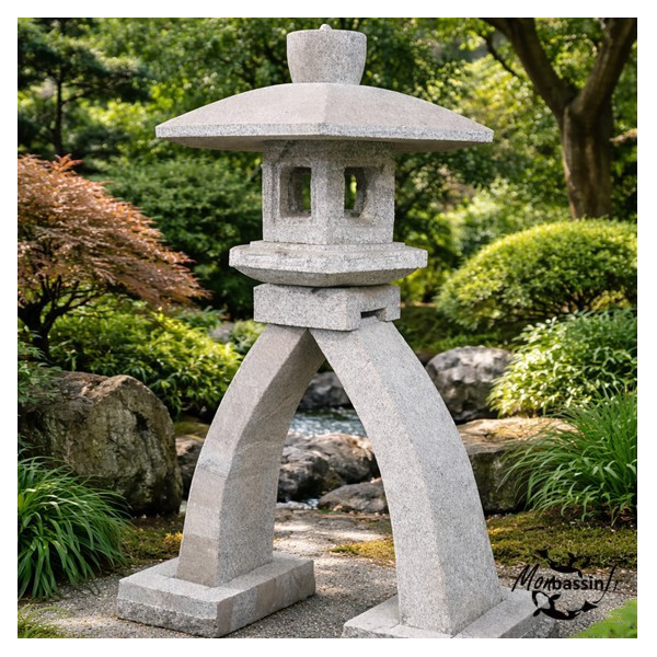 Lanterne Osaga 100 cm granit en situation bord de bassin jardin japonais MonBassin