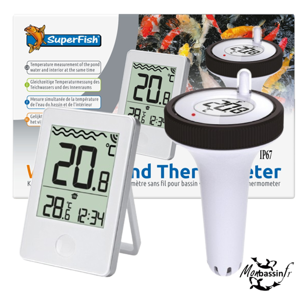Double affichage simultané : 20,8°C dans le bassin / 28,6°C en intérieur – transmission sans fil 433 MHz