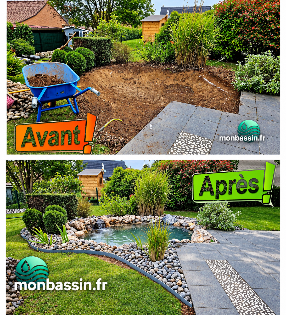 Transformation d'un jardin avec un nouveau bassin paysager construit au bon emplacement
