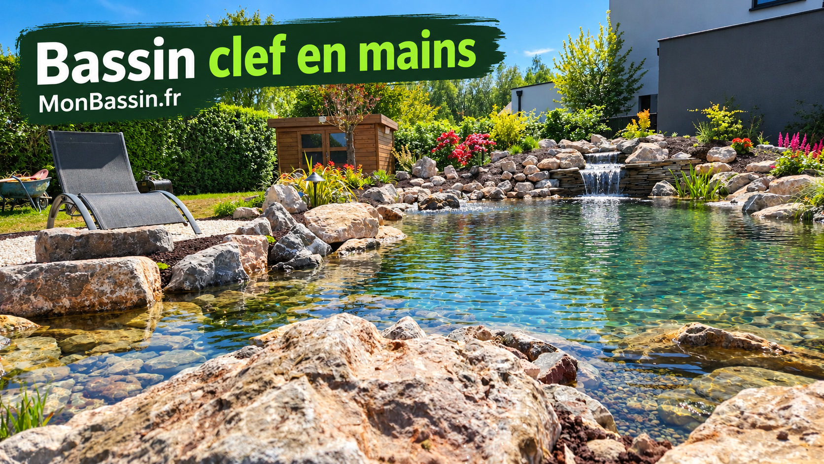 Bassin naturel avec cascade réalisé par MonBassin.fr - voir la vidéo du chantier