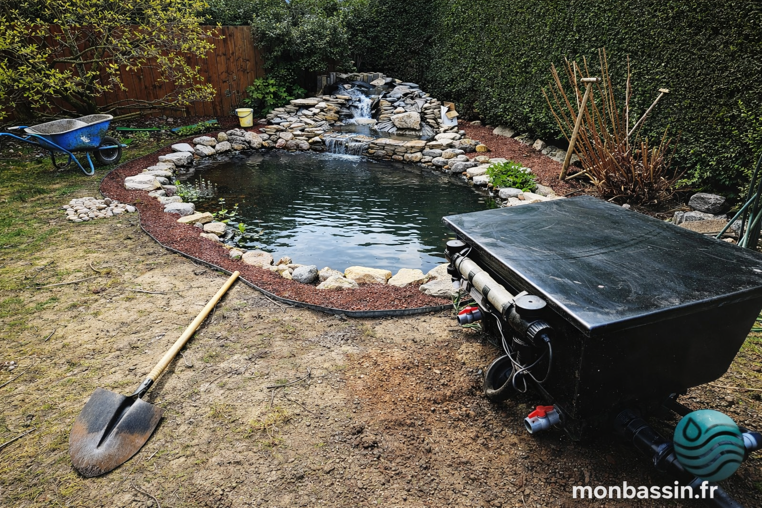 filtre bassin chez le client en cours d'installation bassin