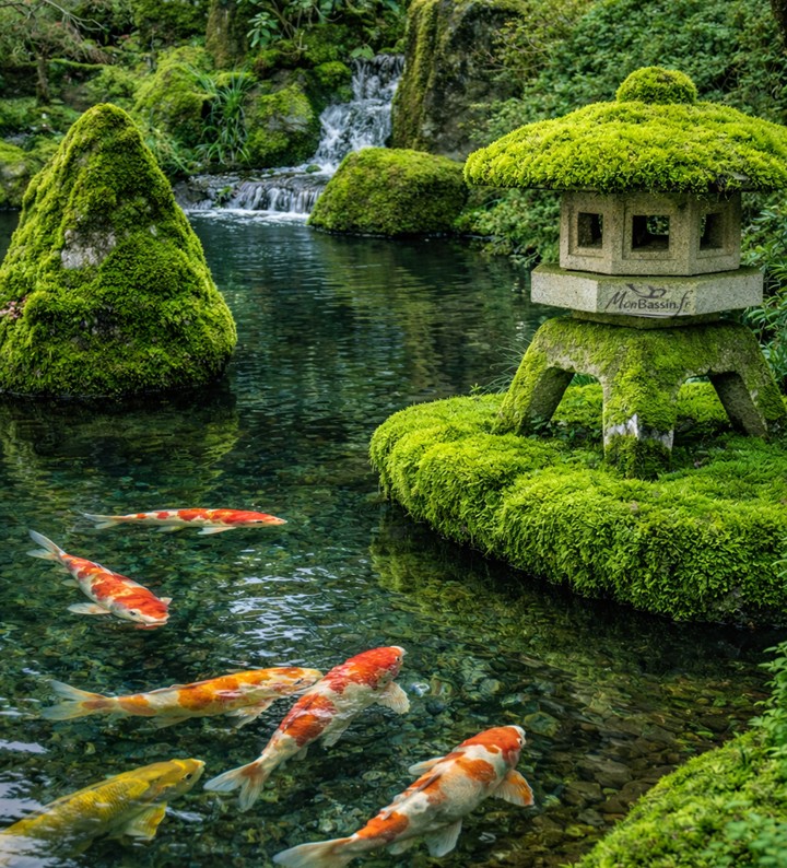 lanterne japonaise au bord du bassin avec mousse verte ancienne